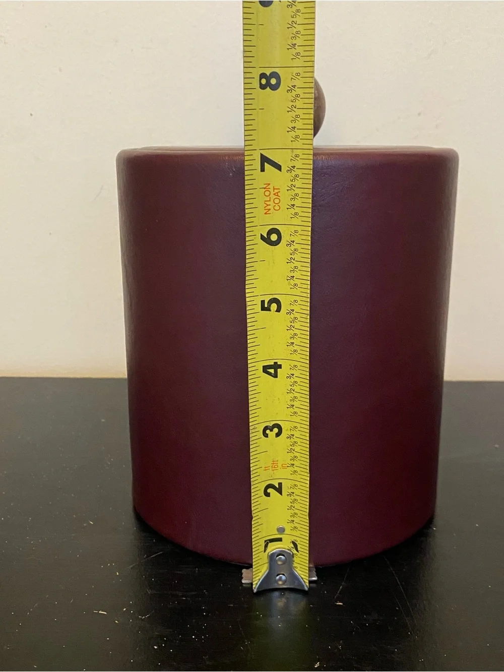 Vintage Hapco Elmar Ice Bucket With Lid Red Maroon Leather Wood Knob Handle USA